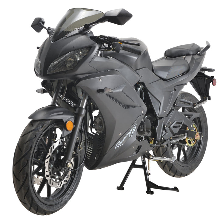 A black 125cc motorcycle with 17-inch wheels, manual transmission, and adult-sized frame.