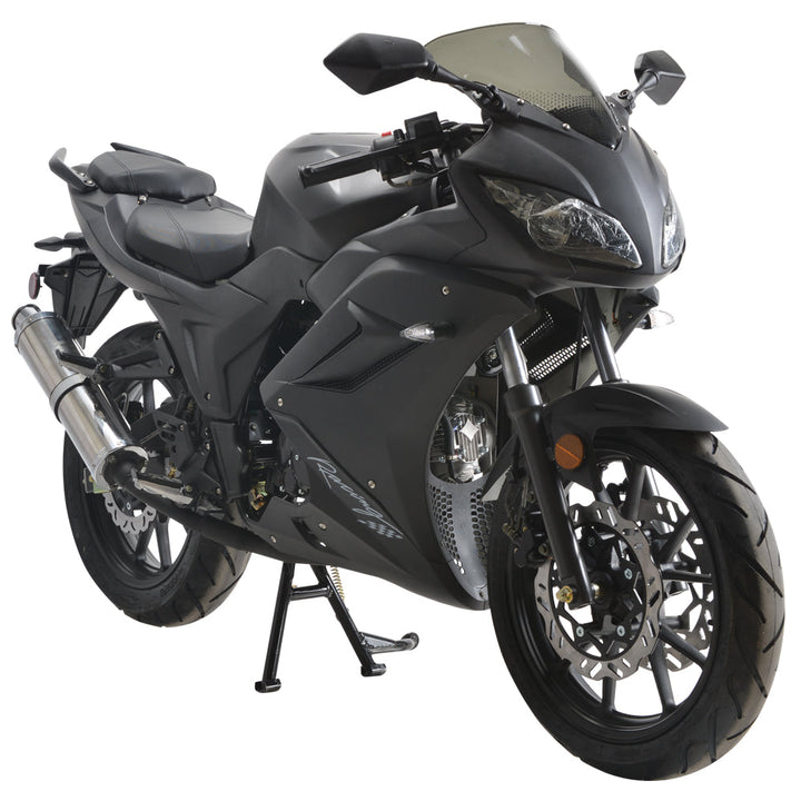 A black 125cc motorcycle with 17-inch wheels, manual transmission, and sport bike design.