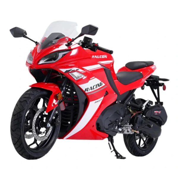 Red motorcycle with 'Falcon Racing' branding on a white background  Motorcycle 200cc