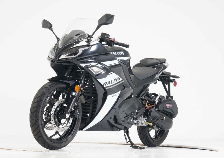 Black motorcycle with 'Falcon' branding on a white background
