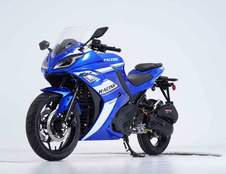 Blue motorcycle with 'Falcon Racing' branding on a white background  Motorcycle 200cc