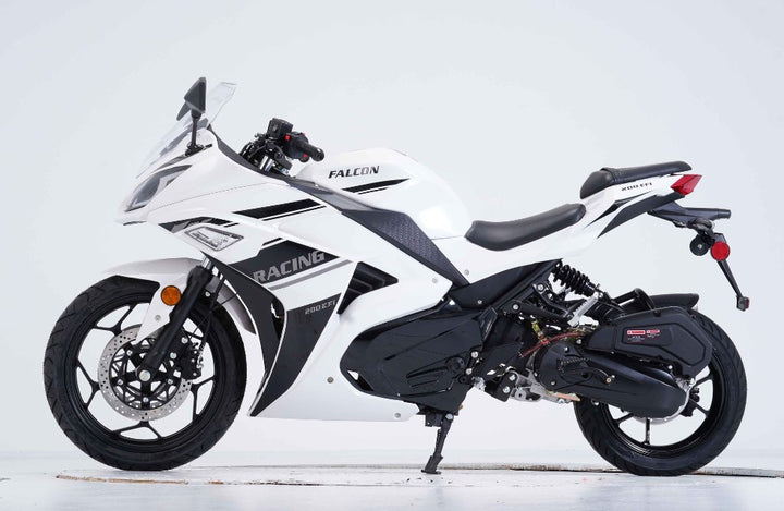 White and black motorcycle with 'Falcon Racing' branding on a white background  Motorcycle 200cc