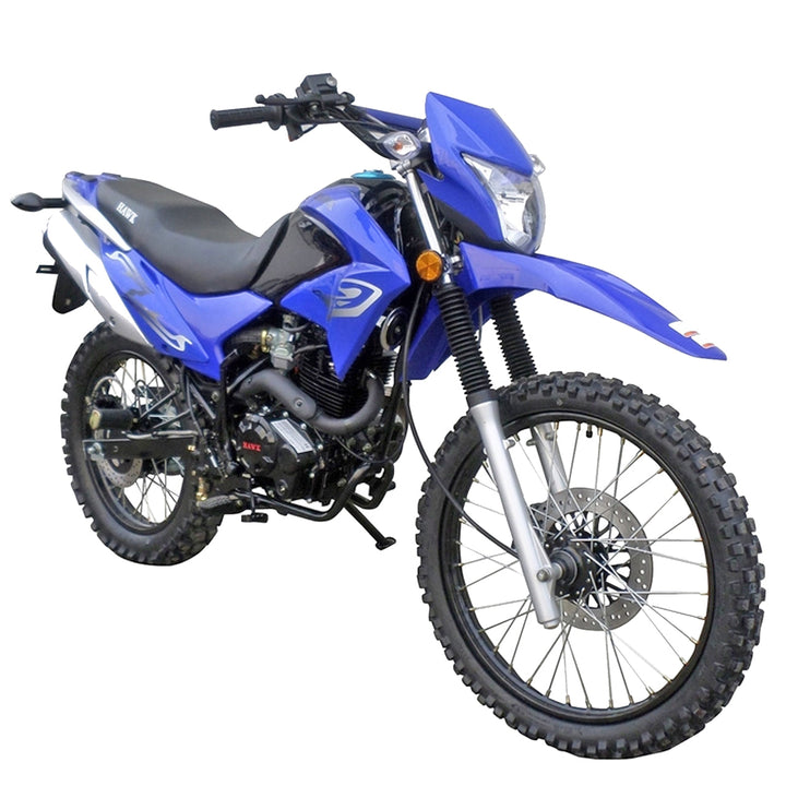 A blue HHH Hawk 229cc Enduro Dirt Bike with a black seat, equipped with dual shocks, a headlight, and handguards.