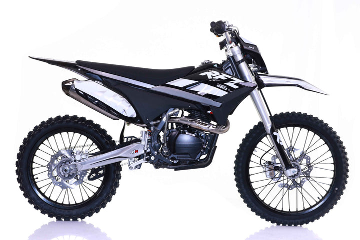 Black and silver dirt bike on a white background