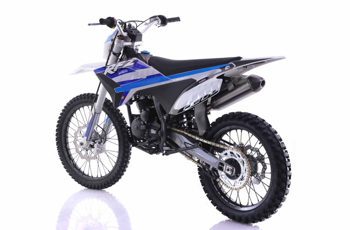 Motorcycle with blue and black design on a white background