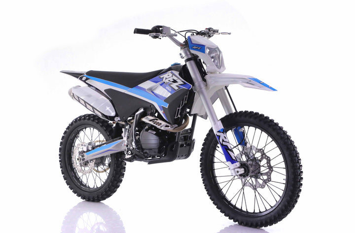 Motocross bike with blue and black design on a white background