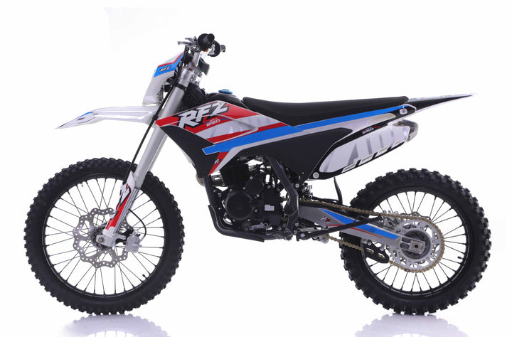 Motocross bike with RFX branding on a white background