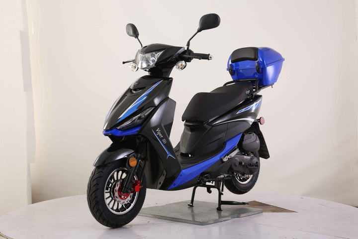 Black and blue scooter on a white background Scooter Moped Street legal for adults