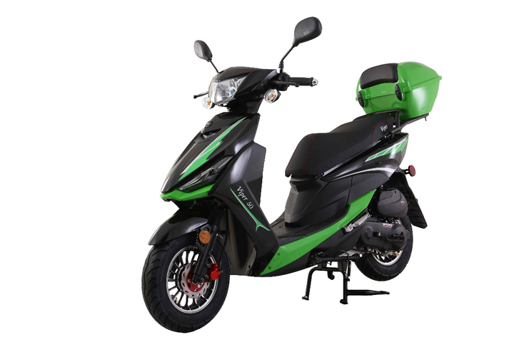 Black and green scooter on a white background Scooter Moped Street legal for adults